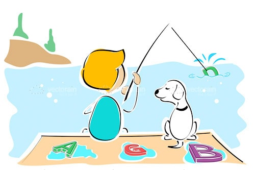 Illustrated Boy and Dog Fishing